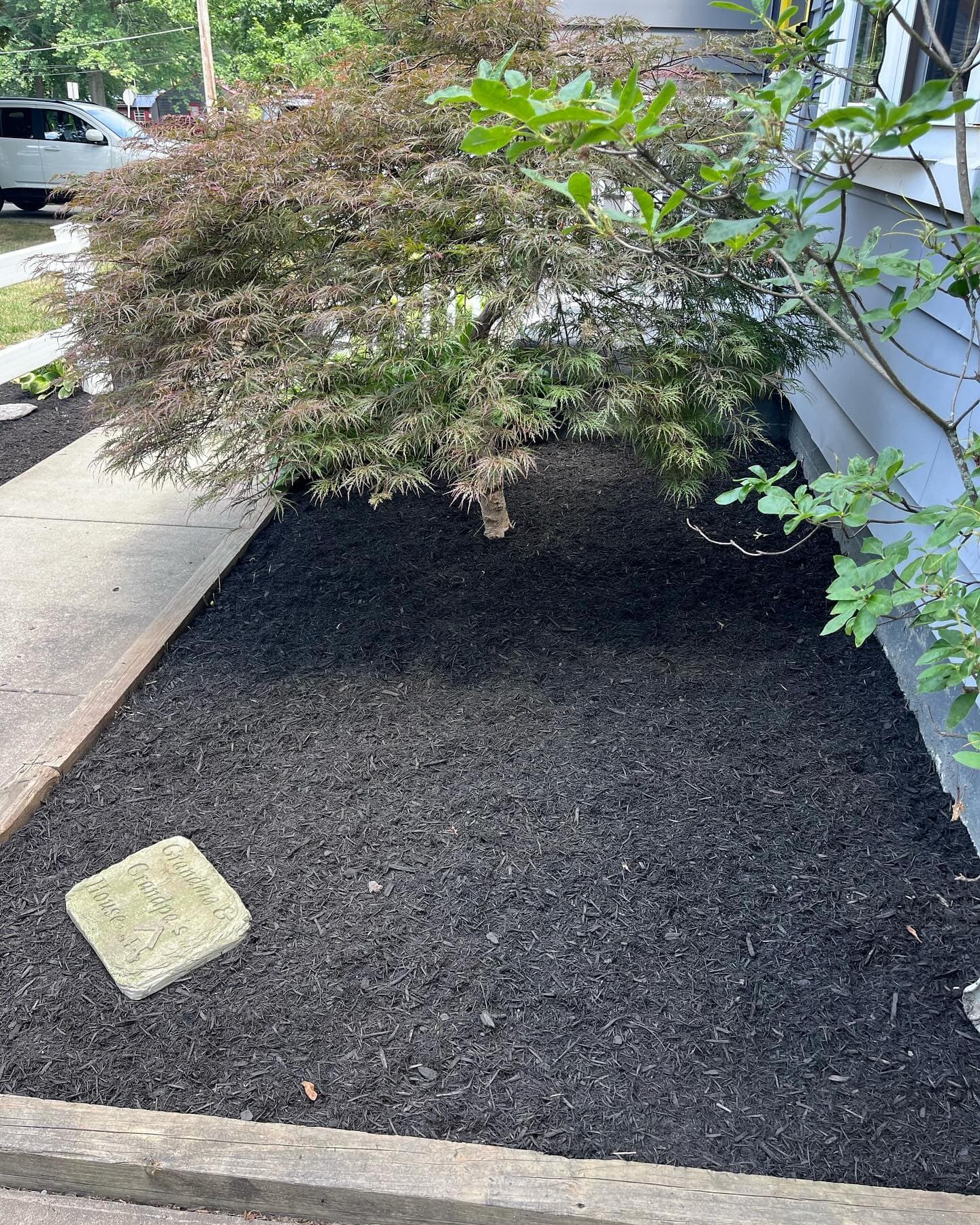 Mulched landscape bed along house foundation